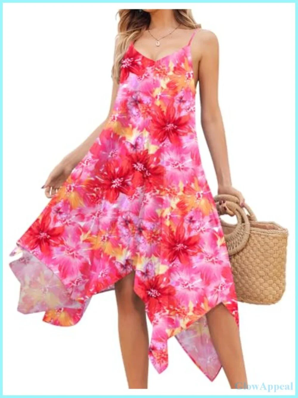Boho Spaghetti Strap Midi Sundress with Deep V-Neck, Flowy Ruffle Hem,